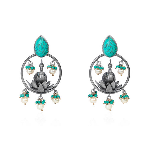 Oxidized Silver Peacock & Lotus Chandbali Earrings with Turquoise & Pearl Drops