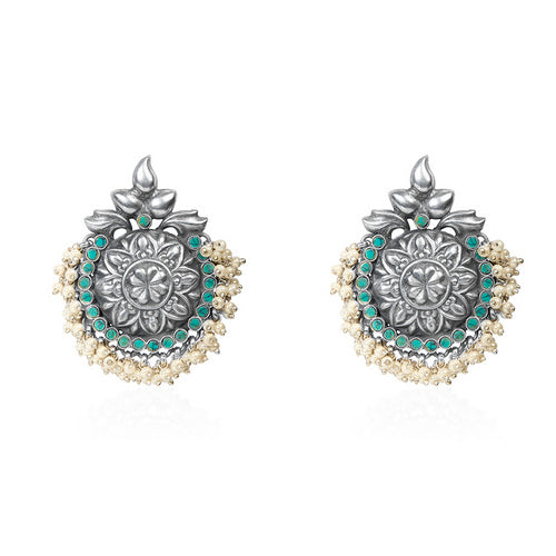 Oxidized Silver Floral Stud Earrings with Turquoise and Pearl Border