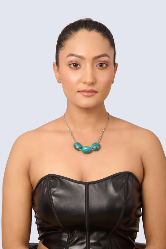 Silver Tone Necklace with Three Oval Turquoise Stones and Pearl Accents