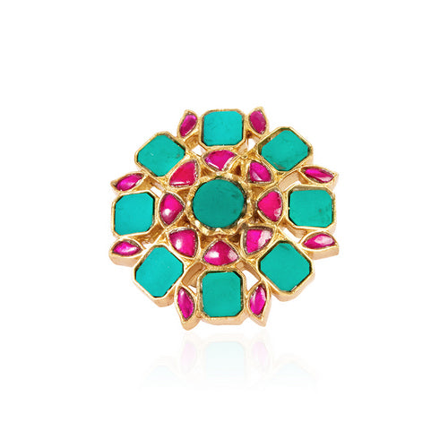 Gold-Toned Adjustable Ring with Turquoise and Ruby Floral Design