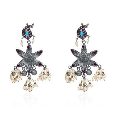 Oxidized Silver Dangle Earrings with Paisley Top, Starburst with Green Gem and Rubies, Pearls