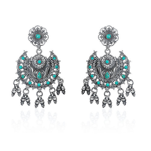 Oxidized Silver Turquoise Chandbali Earrings with Ghungroo Dangles
