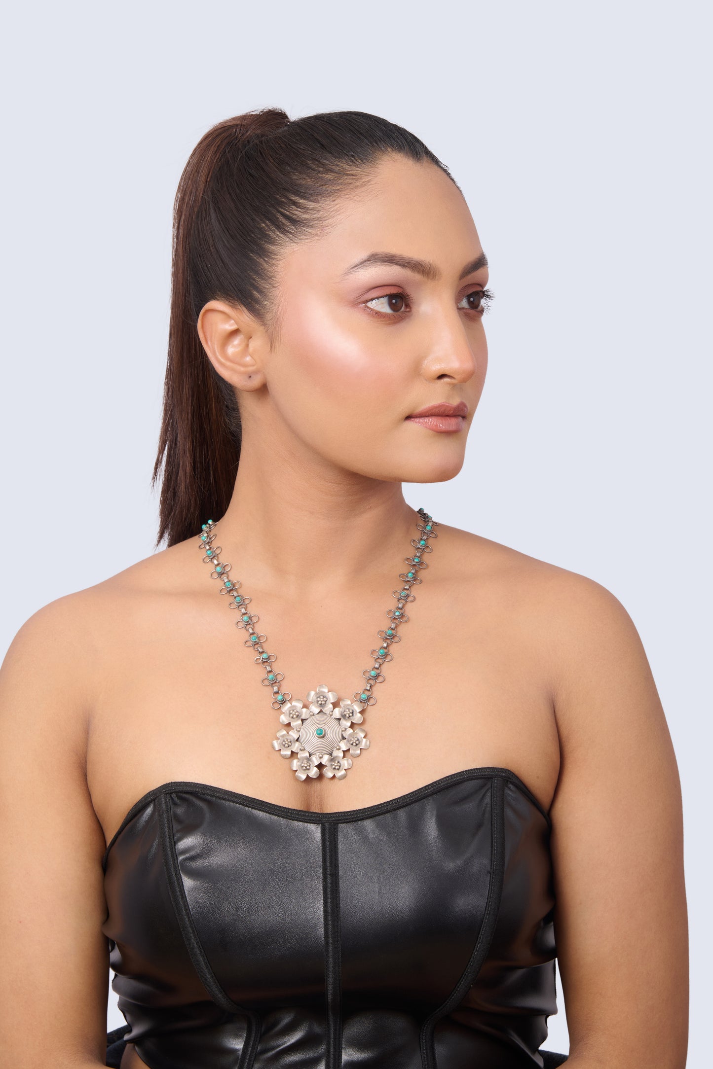 Silver Tone Necklace with Turquoise Floral Pendant and Chain