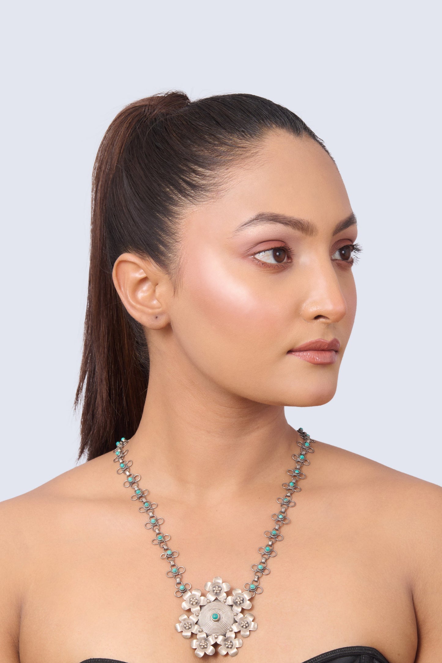 Silver Tone Necklace with Turquoise Floral Pendant and Chain