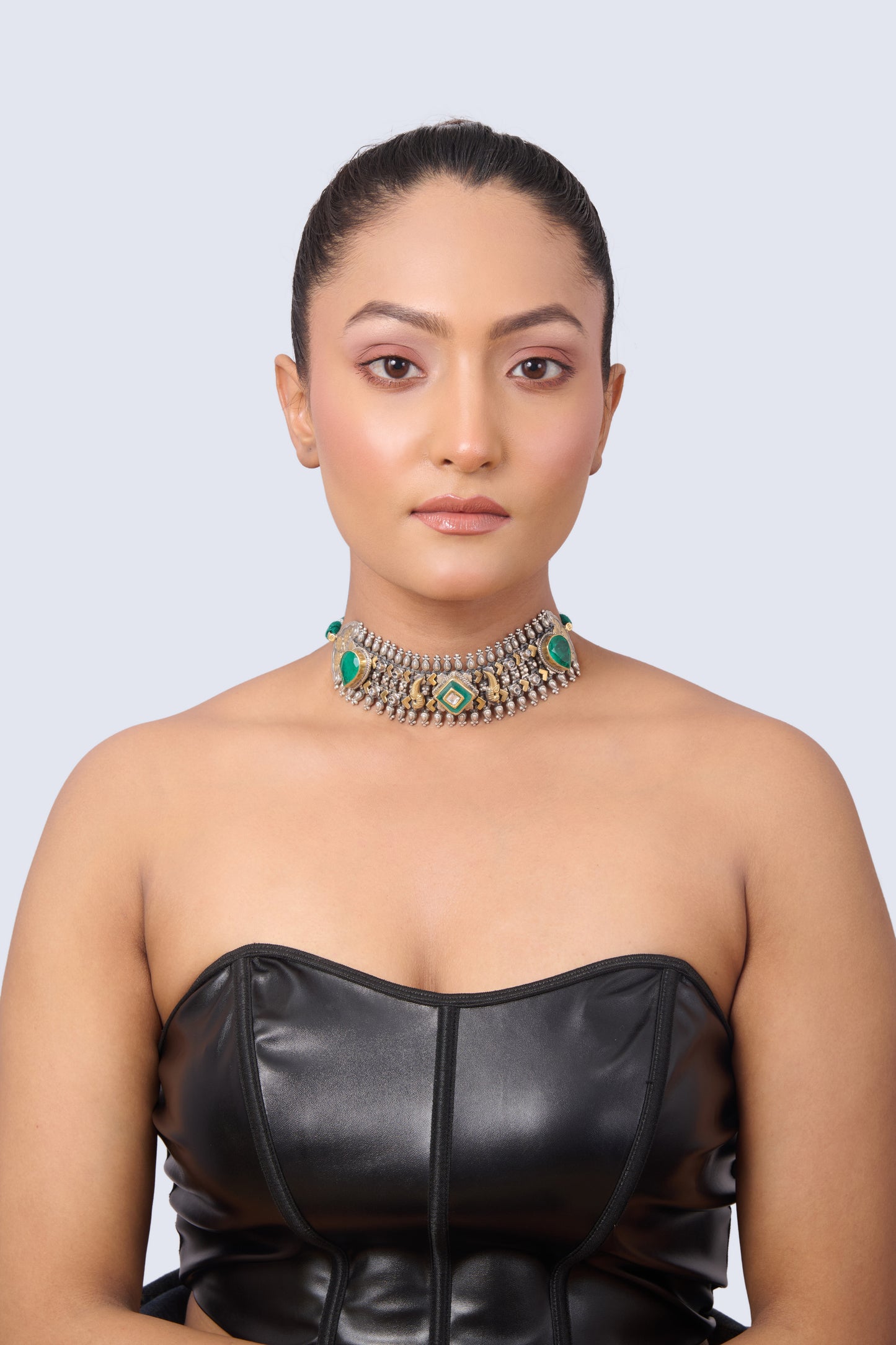 Traditional Silver and Gold Choker with Emerald Ends, Peacock Design, and White Crystal Highlights