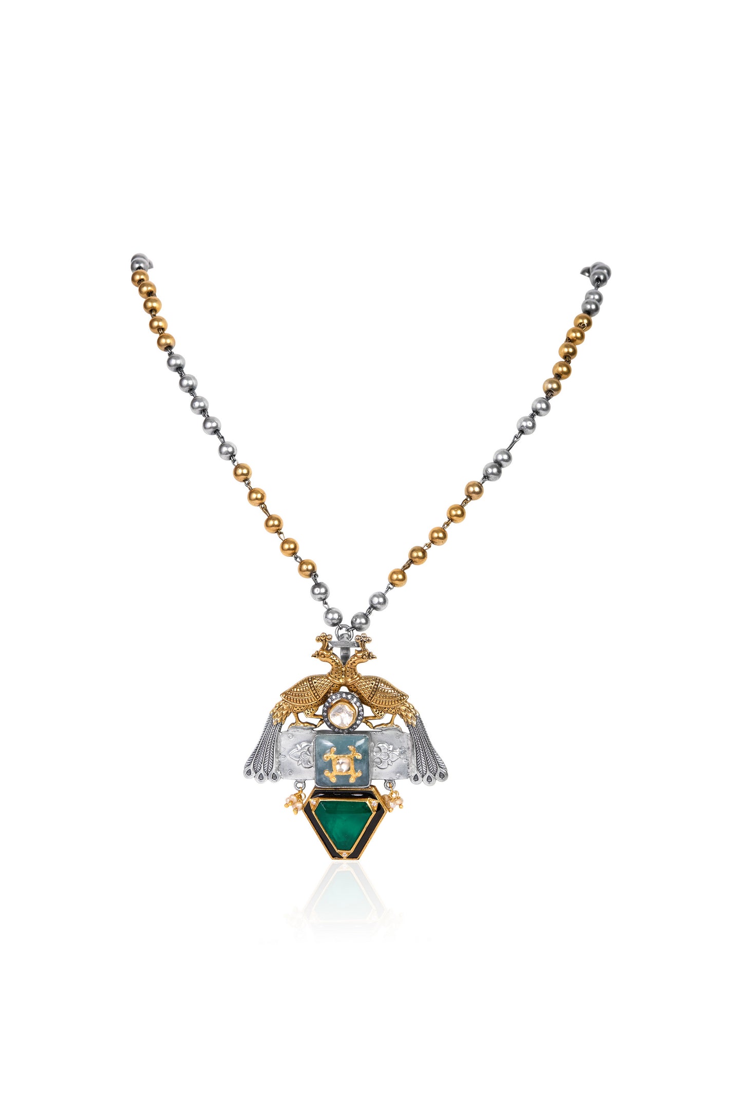 Silver and Gold Pendant Necklace with Triangular Emerald Rectangular Aquamarine and White Pearls