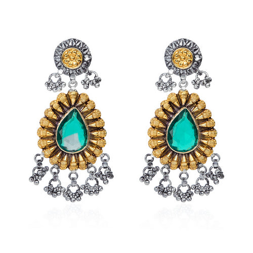 Oxidized Silver and Gold Dangle Earrings with Pear-Shaped Emerald and Silver Charms