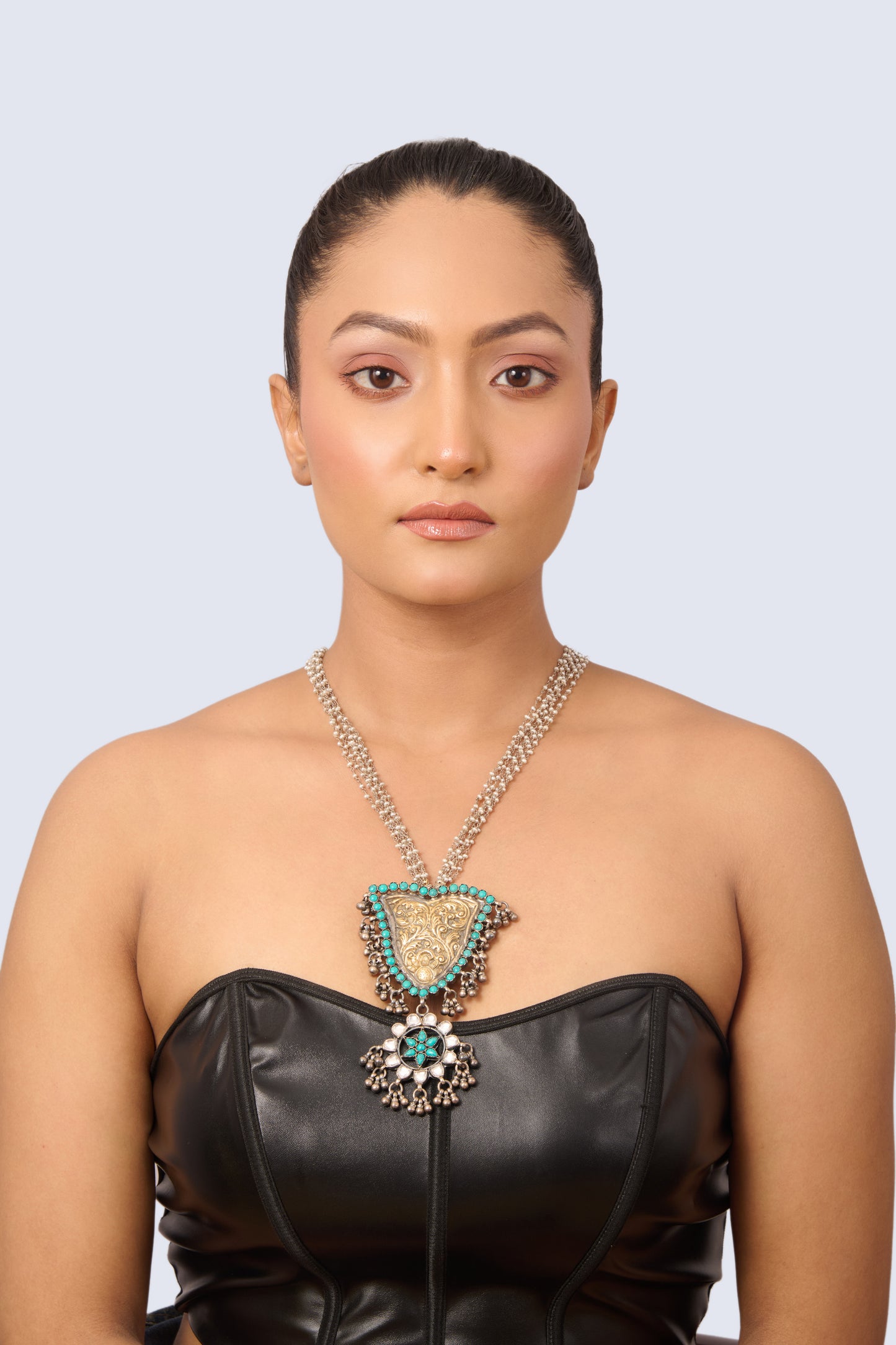 Layered Silver and Gold Tone Necklace with Turquoise and Floral Silver Bottom Piece