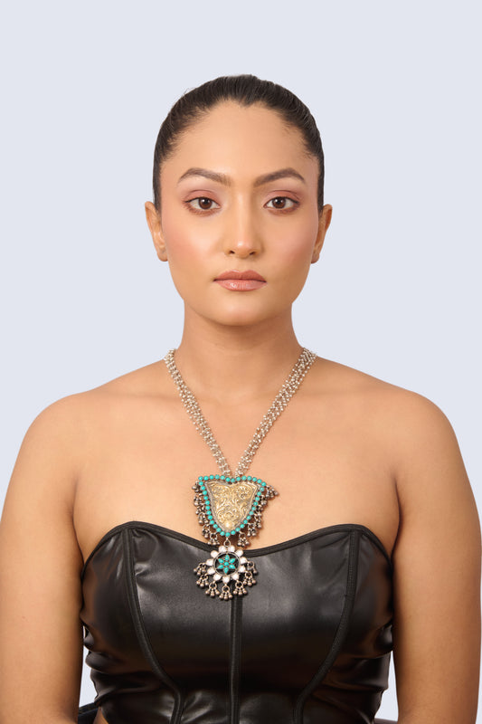 Layered Silver and Gold Tone Necklace with Turquoise and Floral Silver Bottom Piece