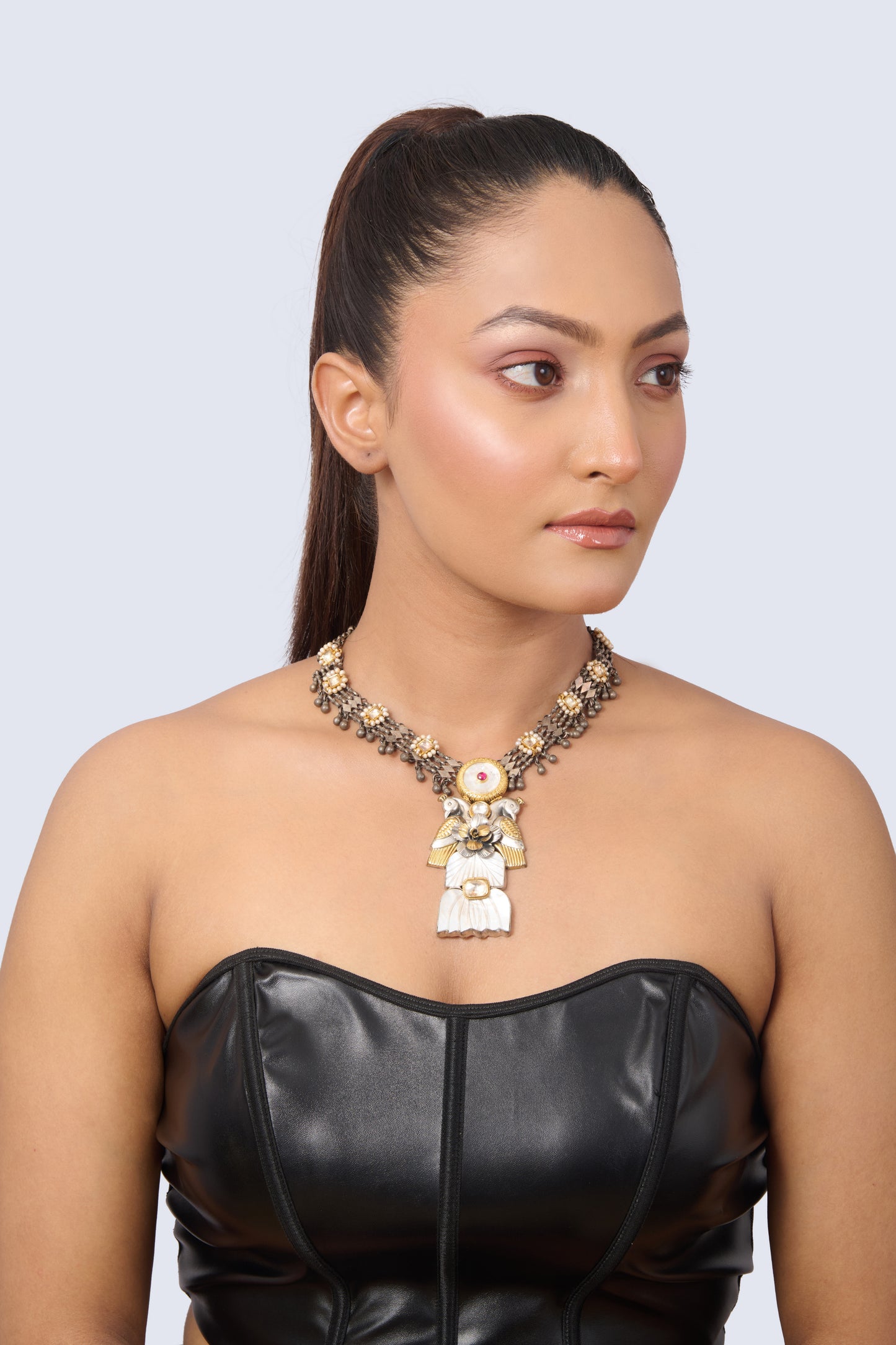 Two-Tone Silver and Gold Long Necklace with Pearls, Ruby, and Bird Motifs