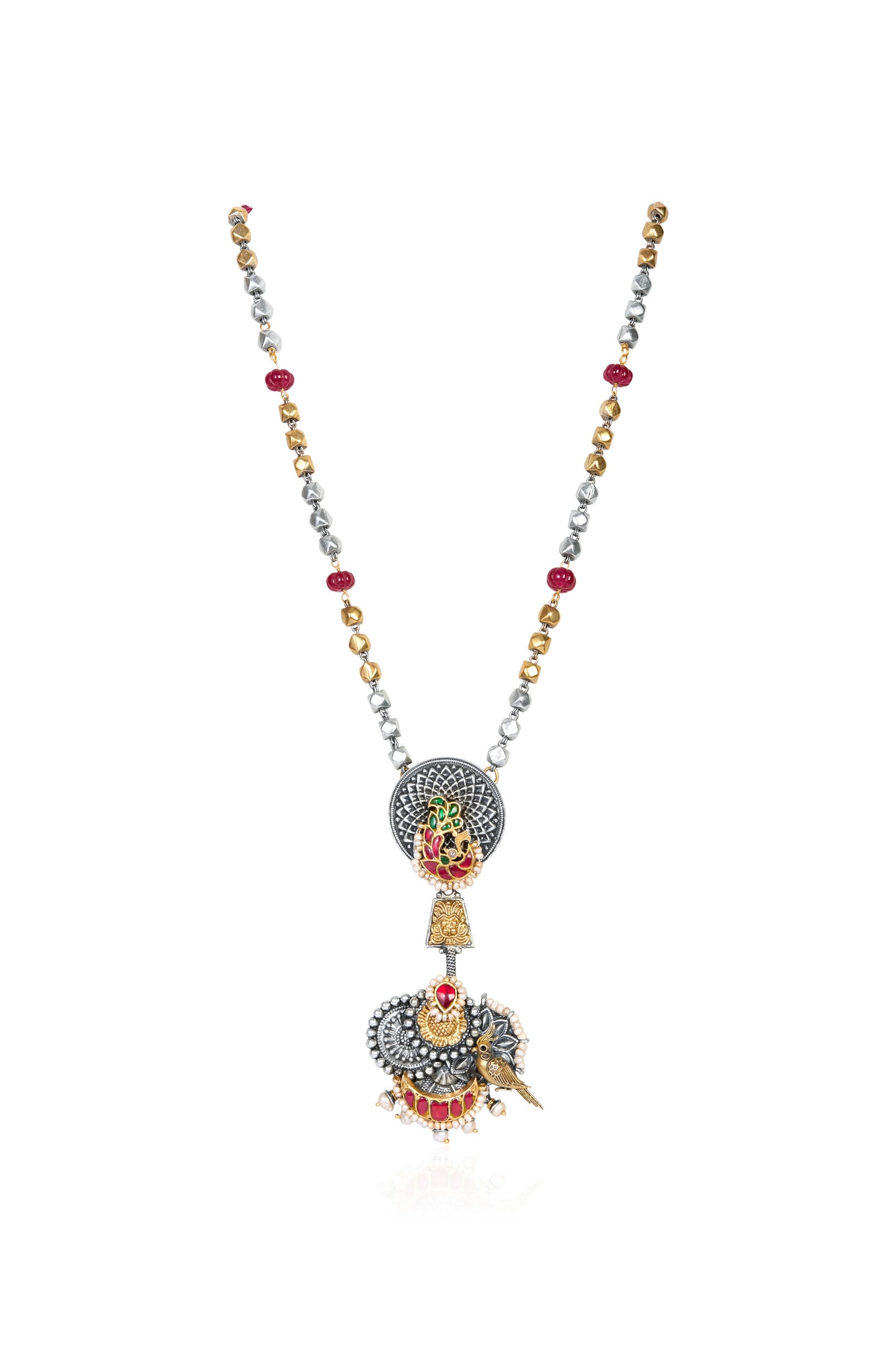 Two-Tone Long Necklace with Ruby, Pearl, Emerald, and Enamel Pendant with Bird