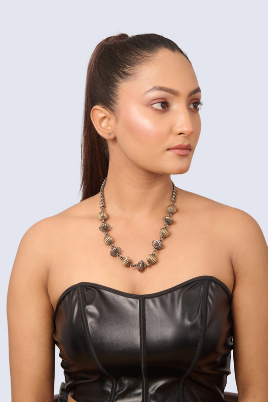 Two-Tone Silver and Gold Bead Necklace with Ribbed and Textured Elements