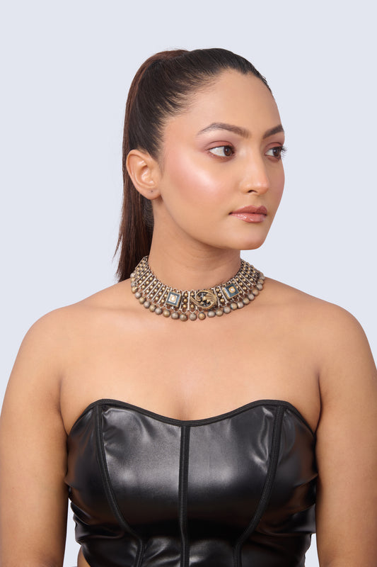 Two-Tone Silver and Gold Choker with Geometric and Dark Stone Accents