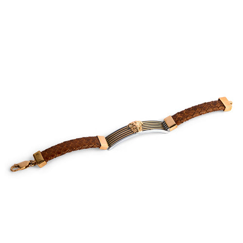 Braided Brown Leather Bracelet with Lion Head Accents