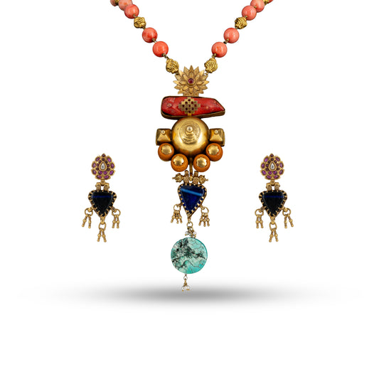 Temple Beads Pendant 925 silver Multi-stone Necklace Set