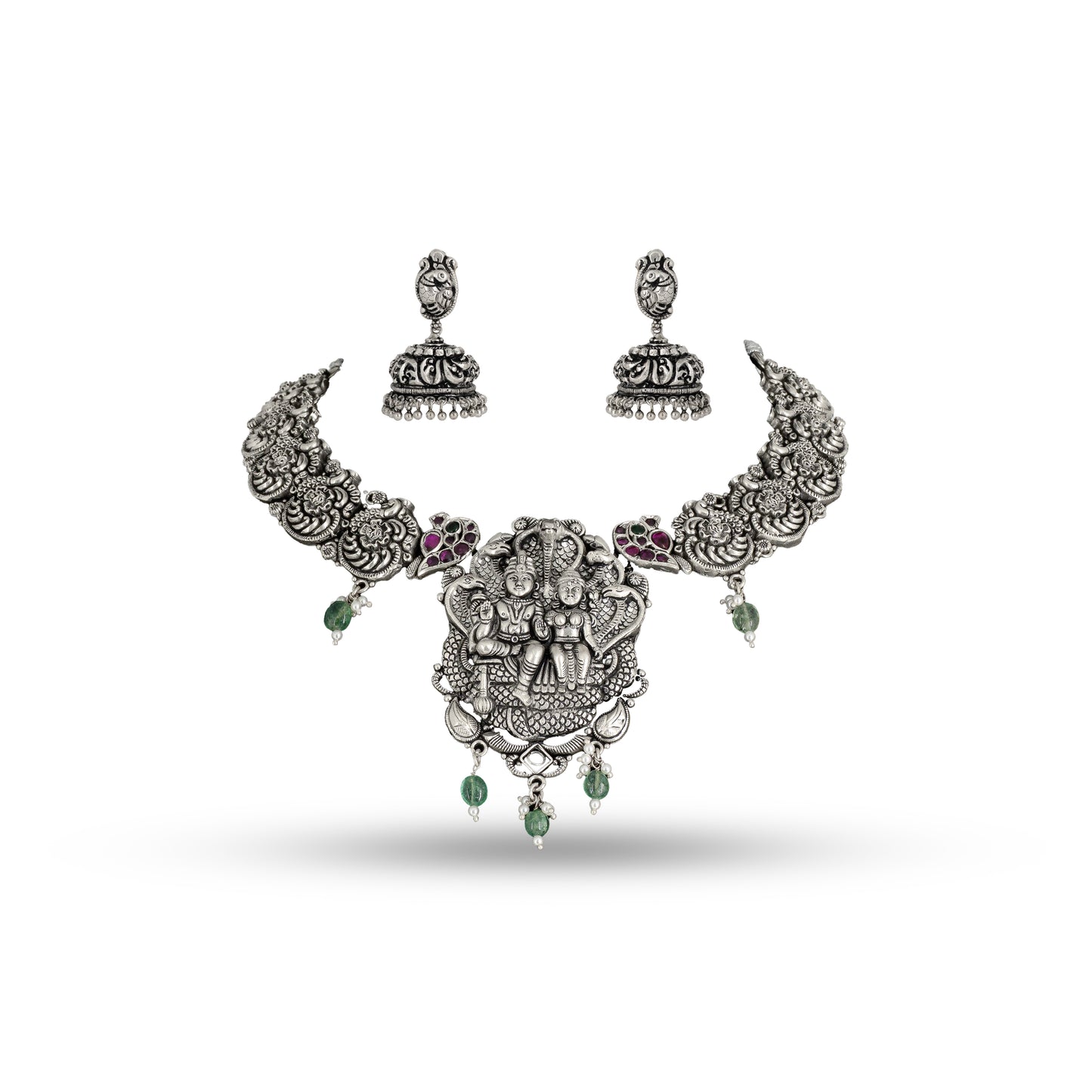 925 Silver Temple Jhumka Necklace Set