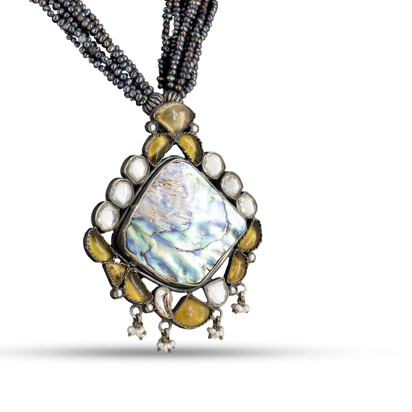 Mother of Pearl Pendant 925 silver Black Beads Necklace