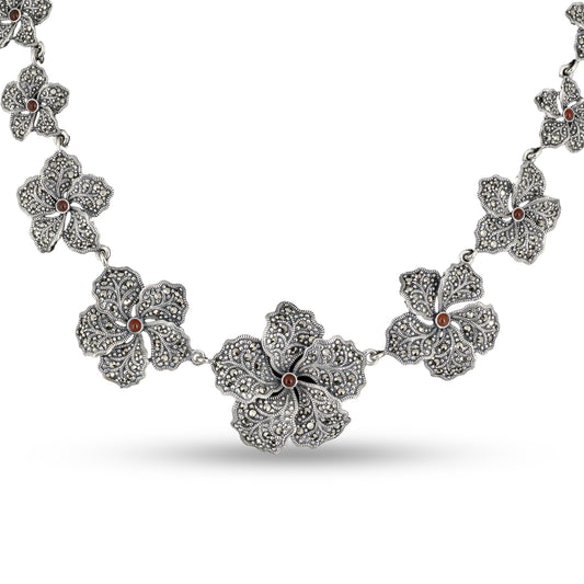 Hibiscus Marcasite 925 silver Statement Floral Necklace