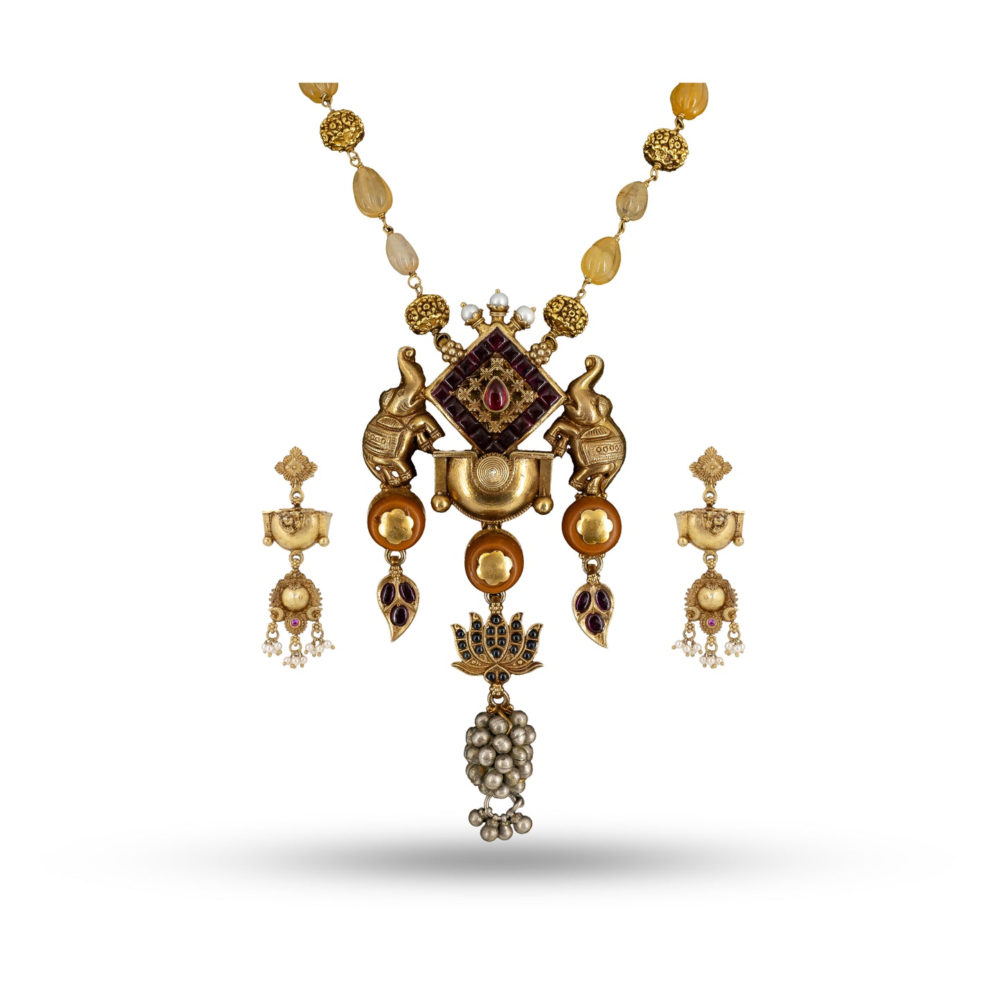 Gold Elephant Pendant 925 silver Bead Necklace Set