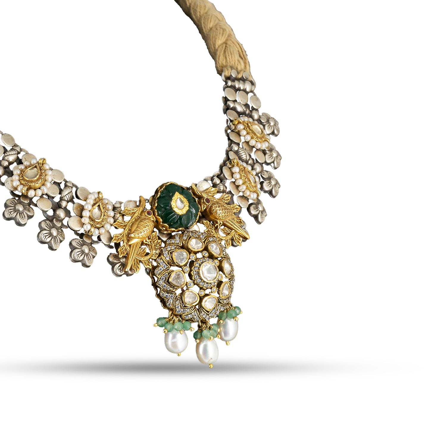 Peacock Kundan 925 silver Dual Tone Floral Necklace Set