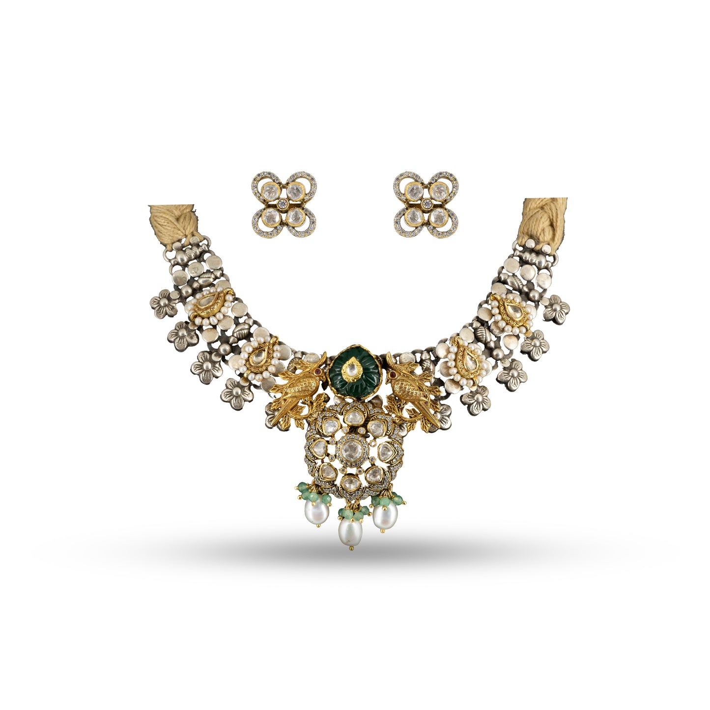 Peacock Kundan 925 silver Dual Tone Floral Necklace Set