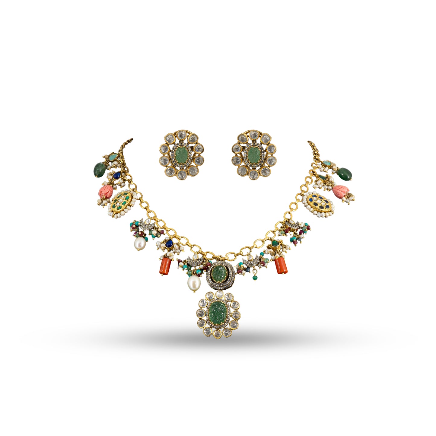Navratna Carved 925 silver Gold-Plated Necklace Set