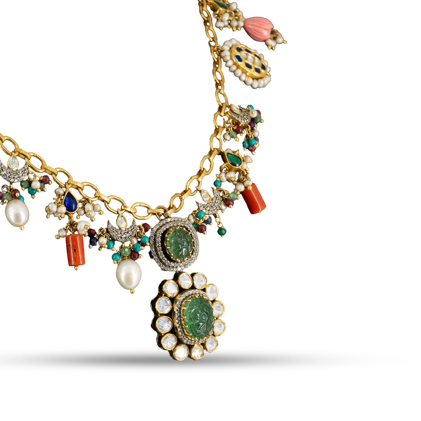 Navratna Carved 925 silver Gold-Plated Necklace Set