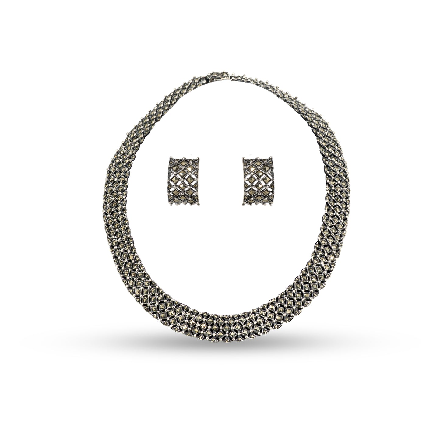 Marcasite Mesh Choker 925 silver Lightweight Necklace Set