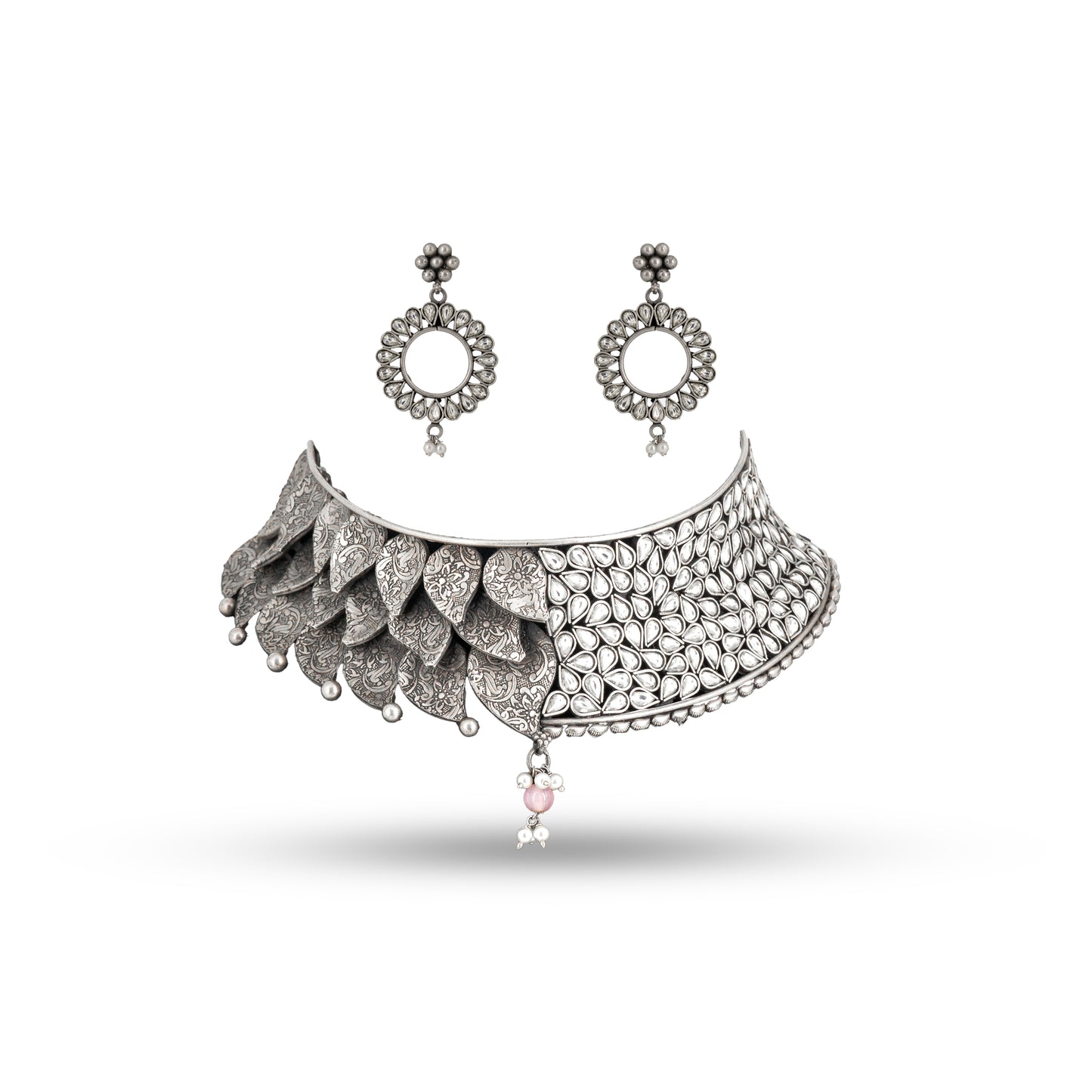 Peacock Leaf Choker 925 silver Engraved Necklace Set