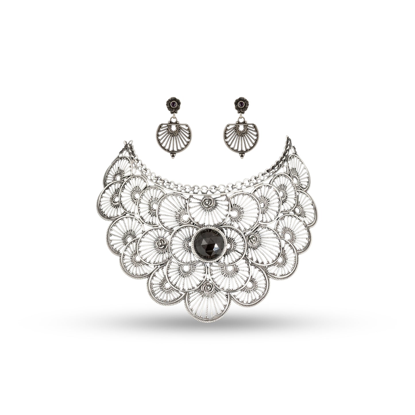 Floral Filigree Choker 925 silver with Black Stone Necklace
