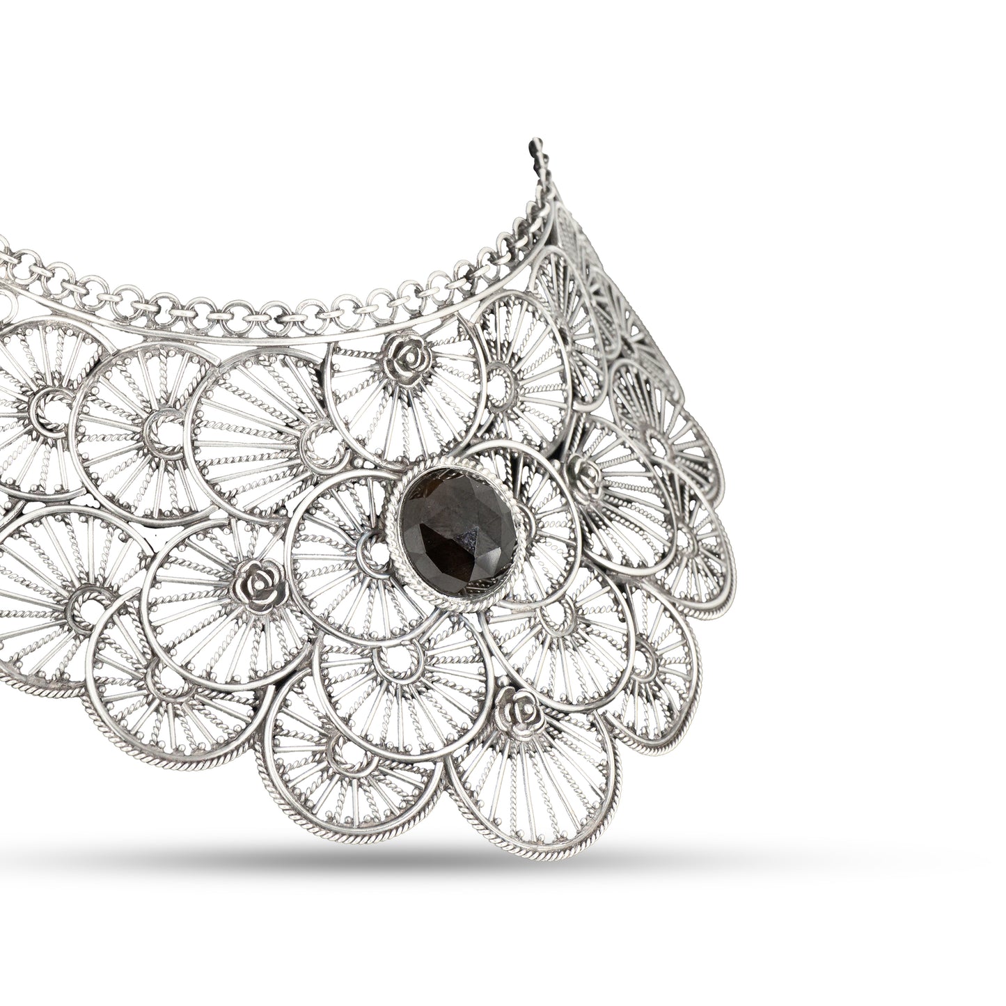 Floral Filigree Choker 925 silver with Black Stone Necklace
