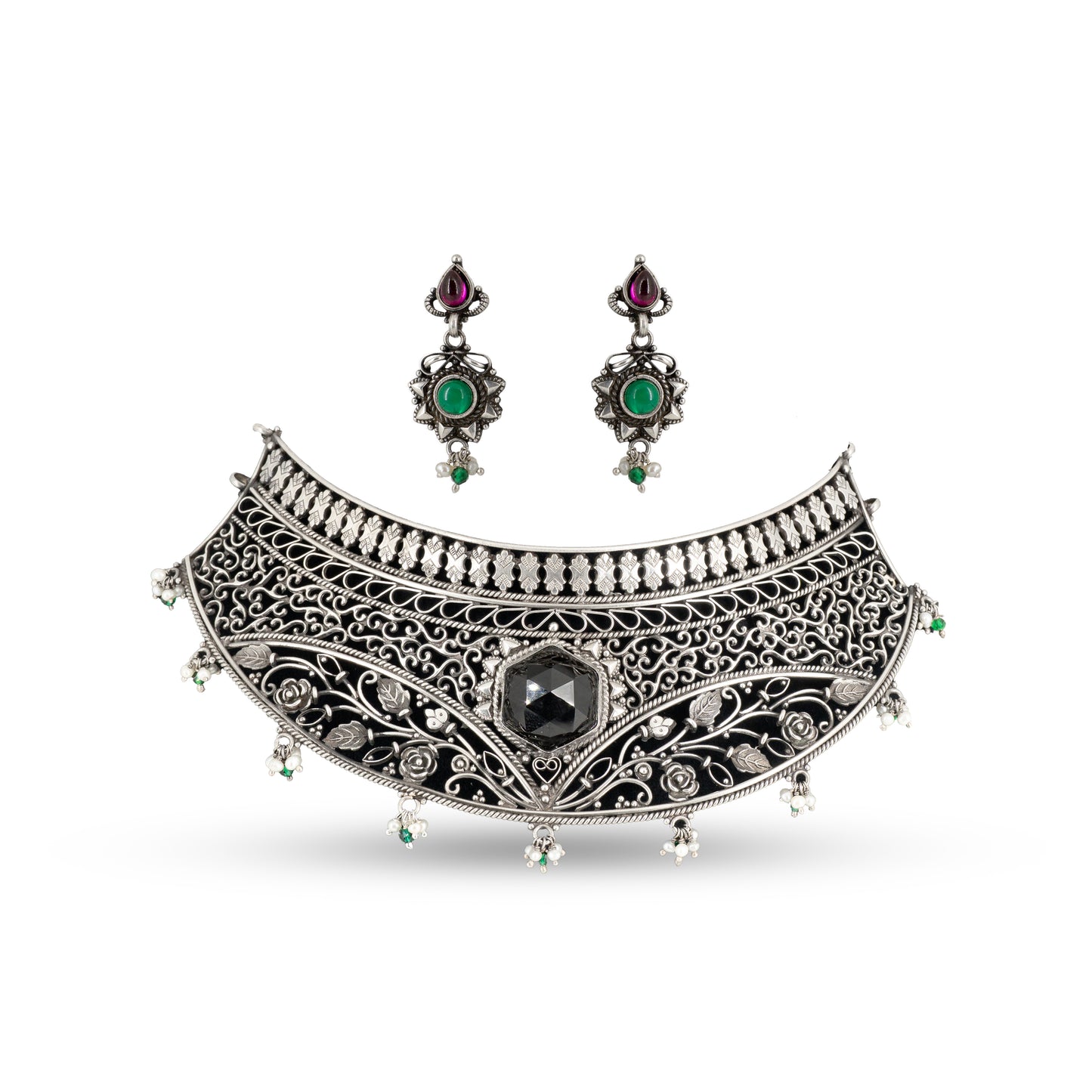 Black Spinel Floral 925 silver Filigree Choker Set