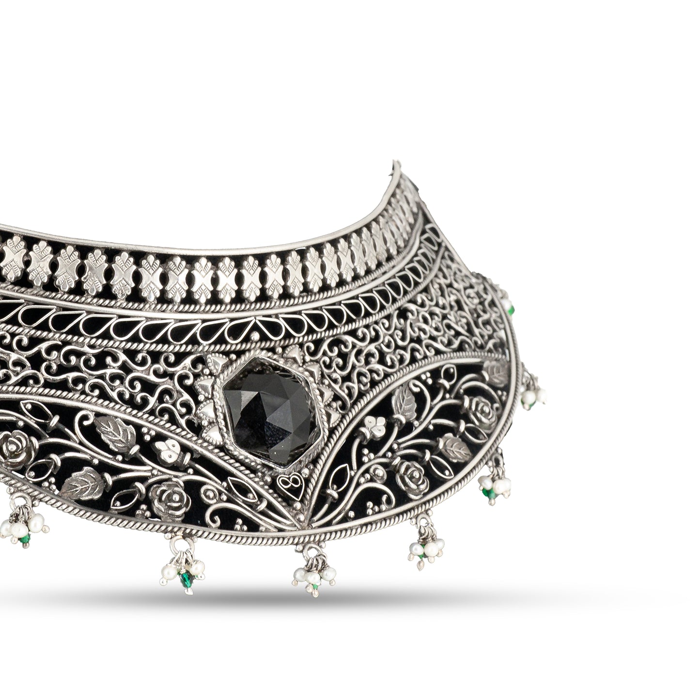 Black Spinel Floral 925 silver Filigree Choker Set