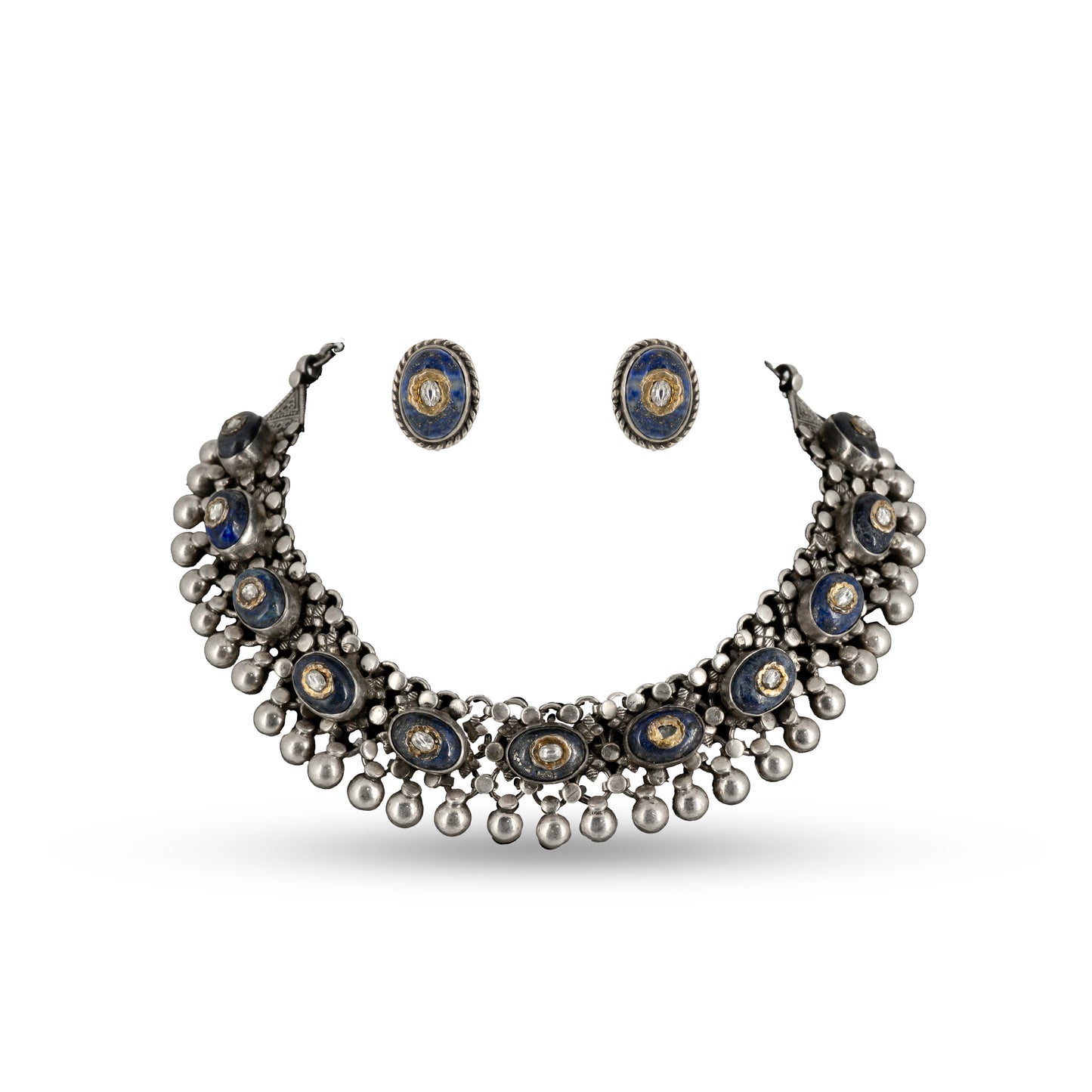 Blue Kundan 925 silver Traditional Coin Necklace Set