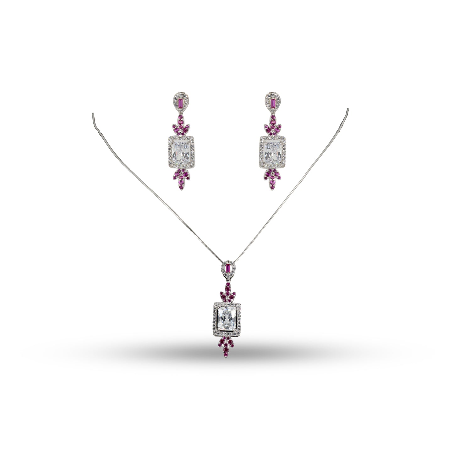 Ruby CZ Drop 925 silver Minimal Necklace Set