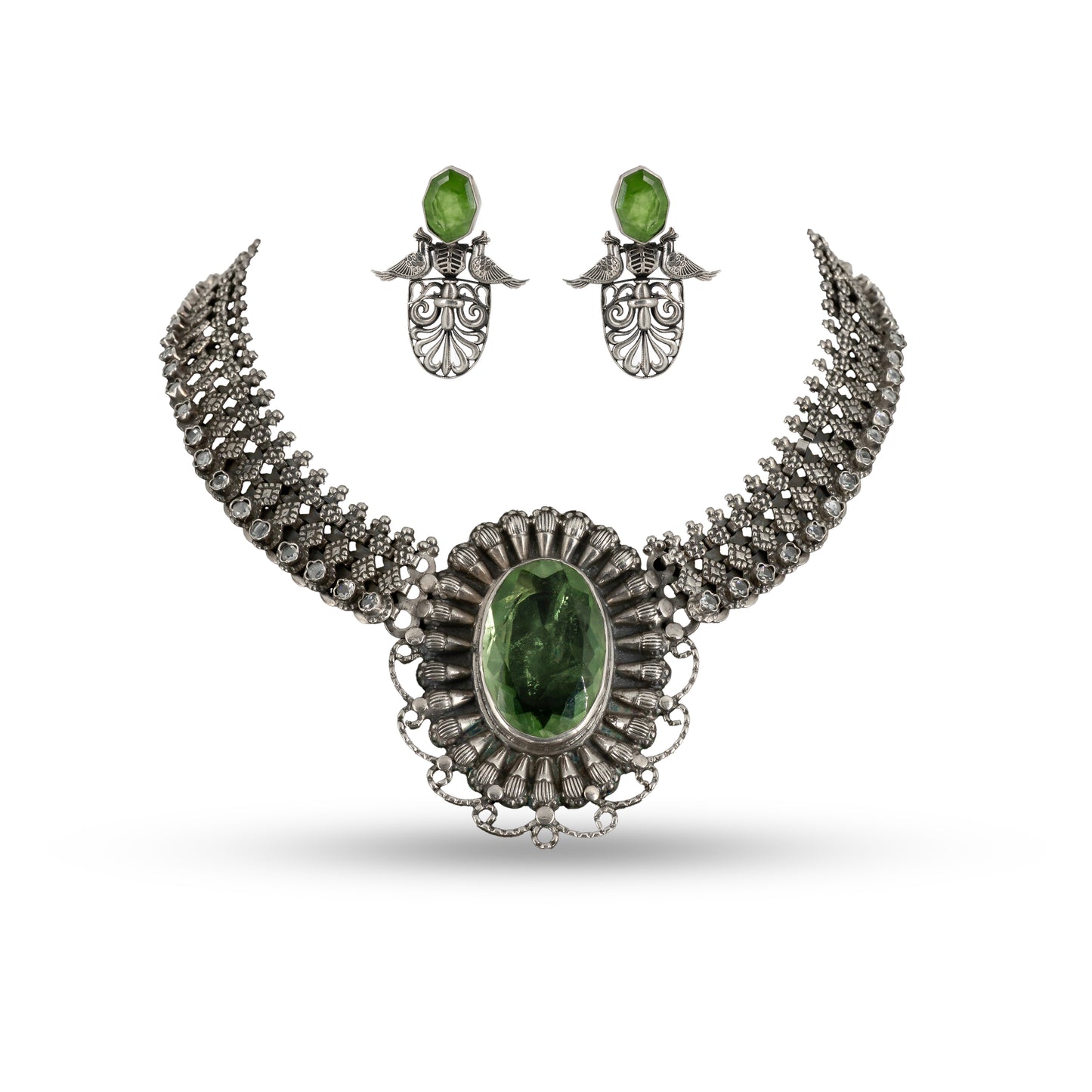 Green Peridot Victorian 925 silver Choker Necklace Set