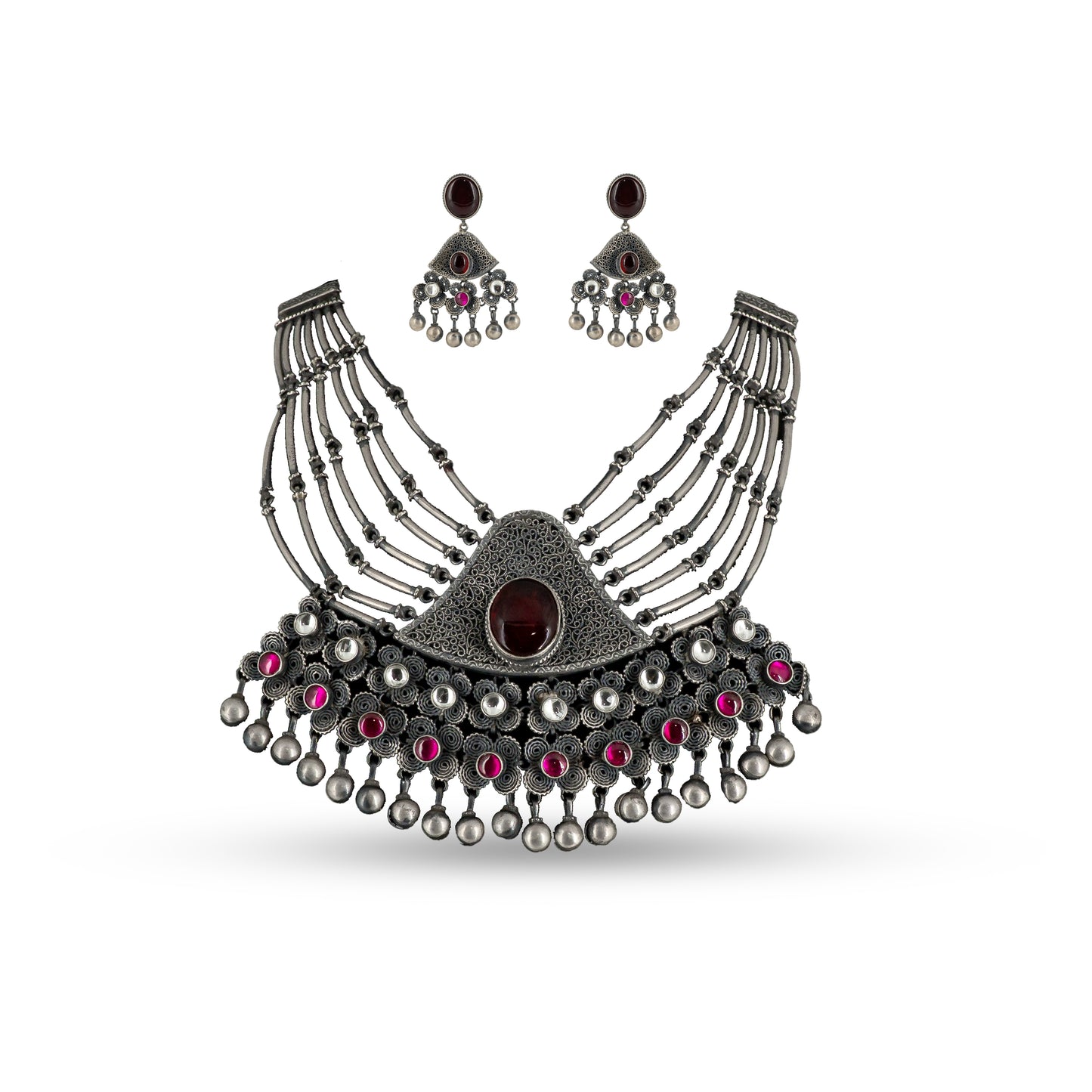 Ruby Filigree Bib 925 silver Tribal Necklace Set
