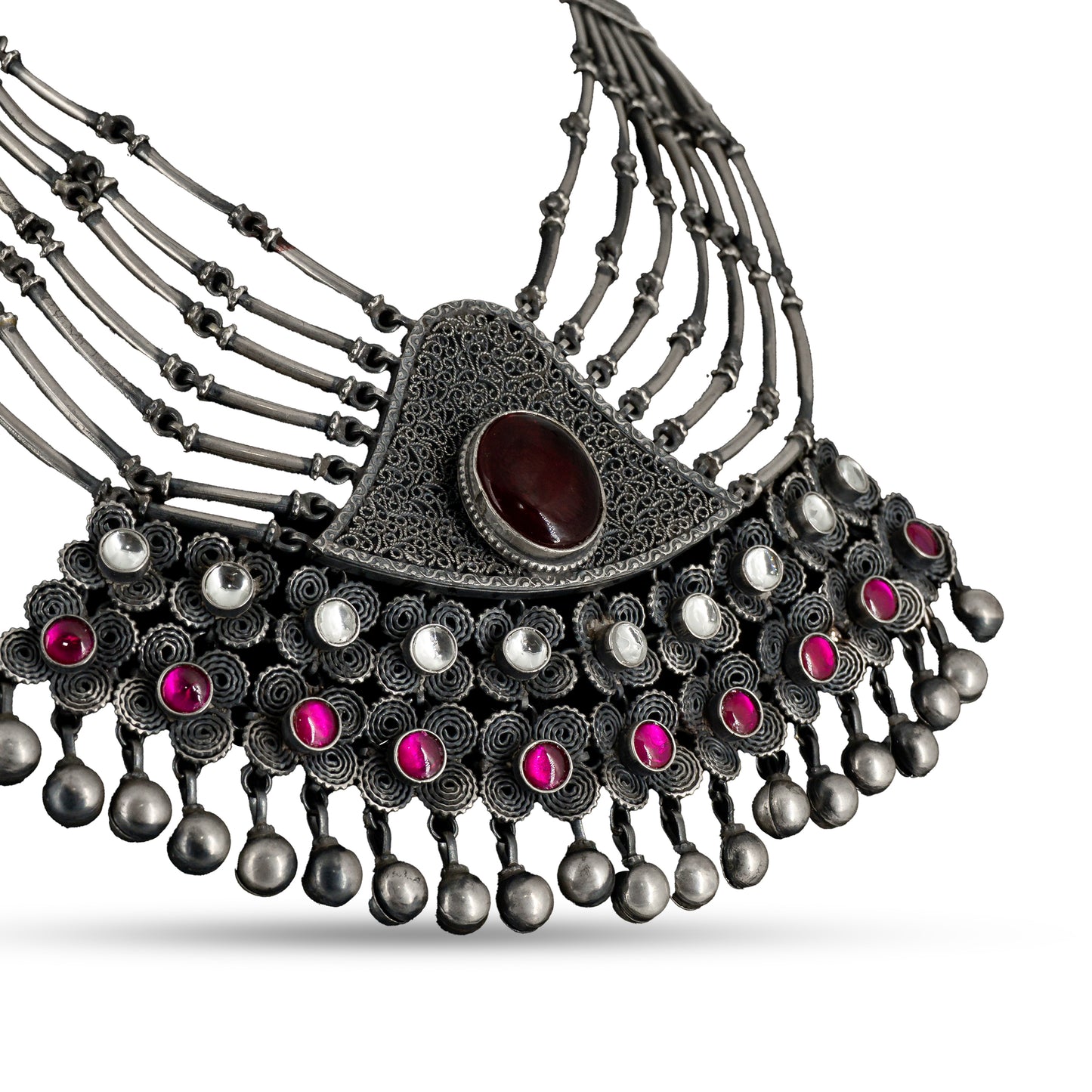 Ruby Filigree Bib 925 silver Tribal Necklace Set