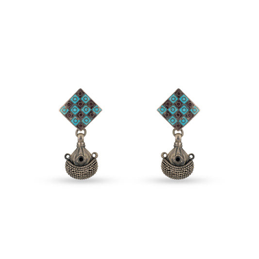 Square Motif 925 silver Tribal Drop Earrings