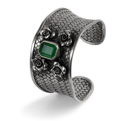 Women's Wide Band Oxidized Silver Open Cuff with Emerald and Roses