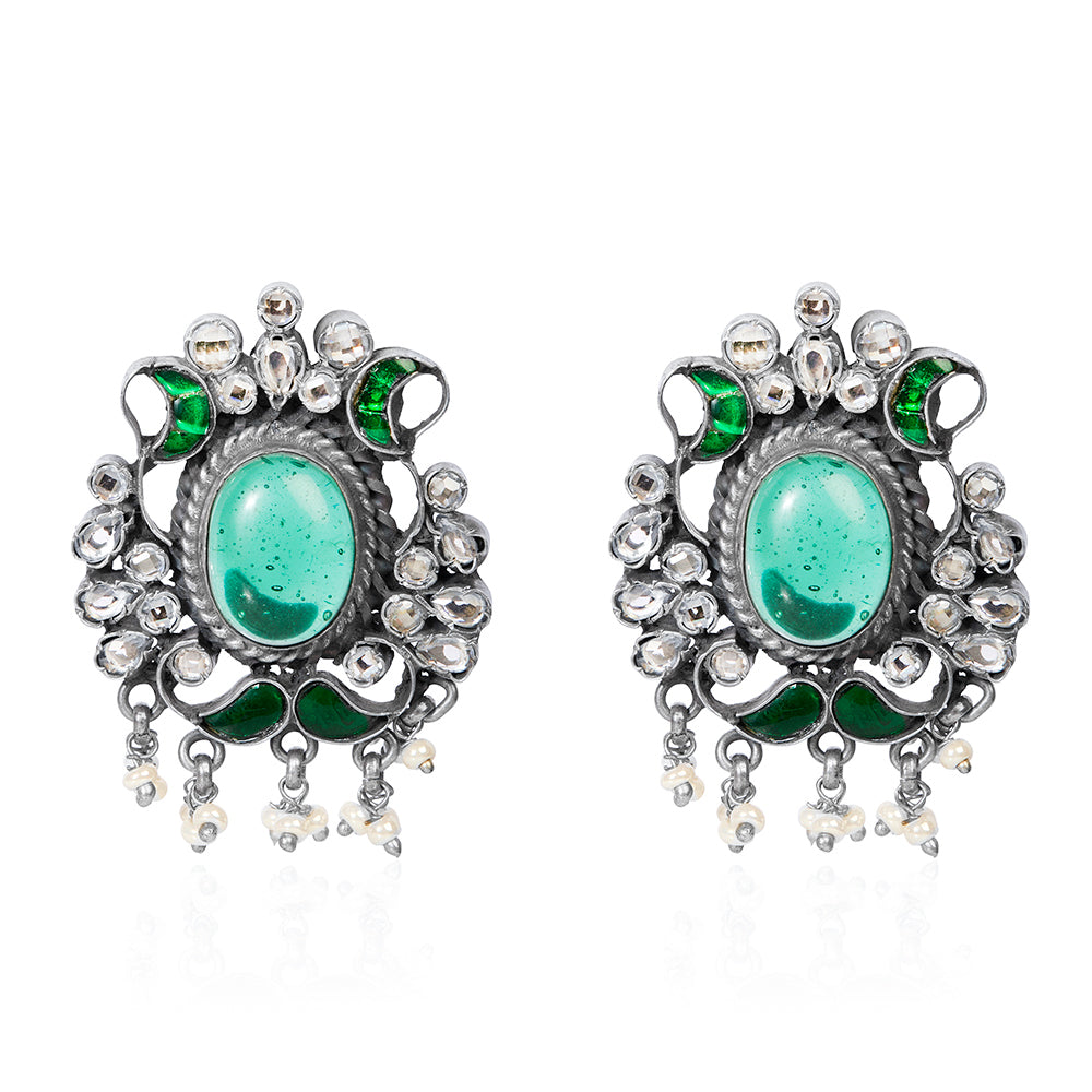 Oxidized Silver Stud Earrings with Oval Emeralds, White CZ, Green Enamel, and Pearl Dangles