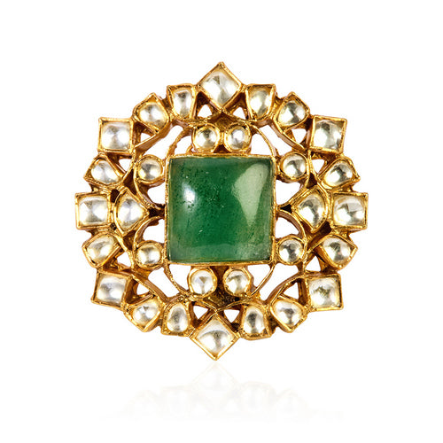 Gold-Toned Adjustable Kundan Ring with Square Emerald and Polki Diamonds