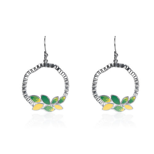 Green & Yellow Enamel Leaf Hoop Dangle Earrings