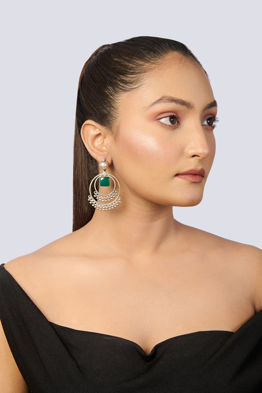 Oxidized Silver Green Stone Hoop Dangle Earrings with Bead Drops