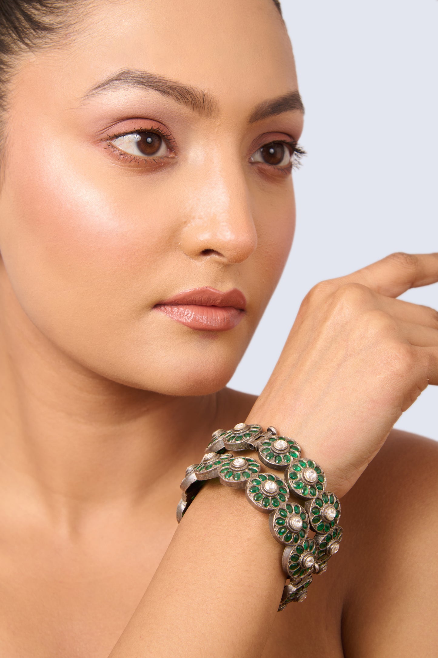 Pair of Oxidized Silver Hinged Bangles with Green Enamel and White Gemstones