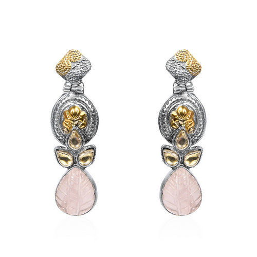 Oxidized Silver and Gold Tone Dangle Earrings with Polki and Carved Pink Stone Drop