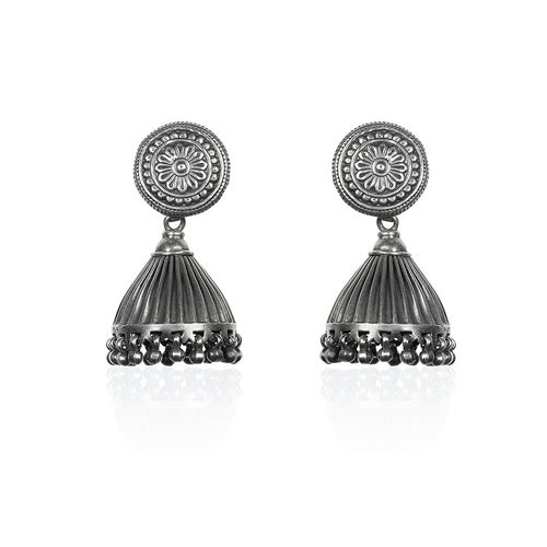Traditional Oxidized Silver Floral Jhumkas
