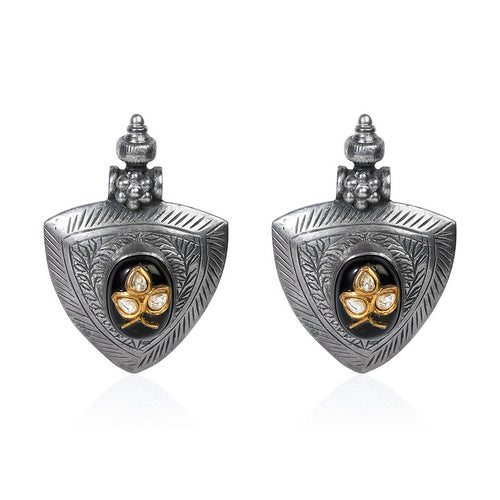 Oxidized Silver Shield Stud Earrings with Black Stone and Golden Leaf Accents