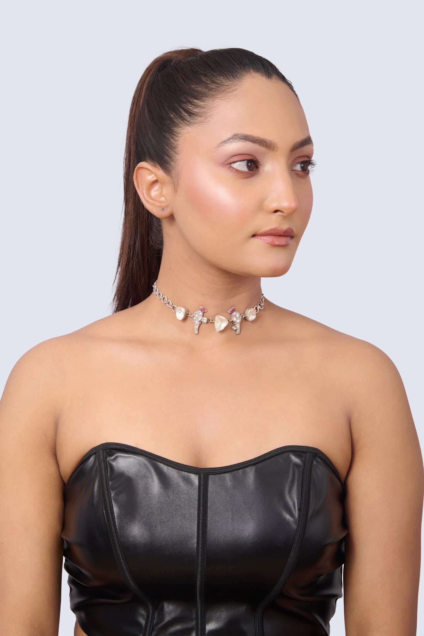 Silver Tone Bird Choker with White, Pink, Peach Gemstones