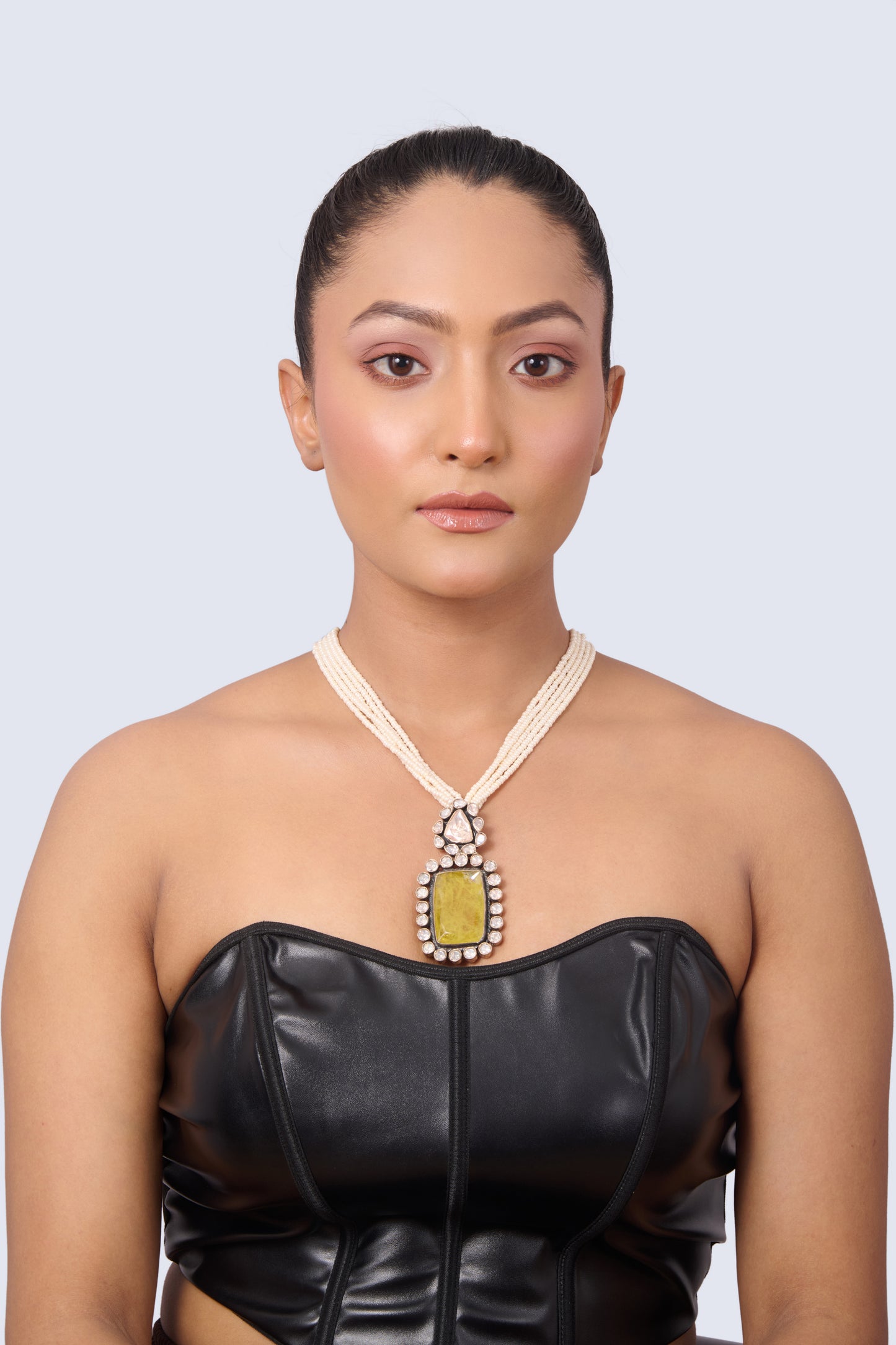 Delicate Silver Necklace with Layered White Beads and Yellow Quartz Pendant with Polki